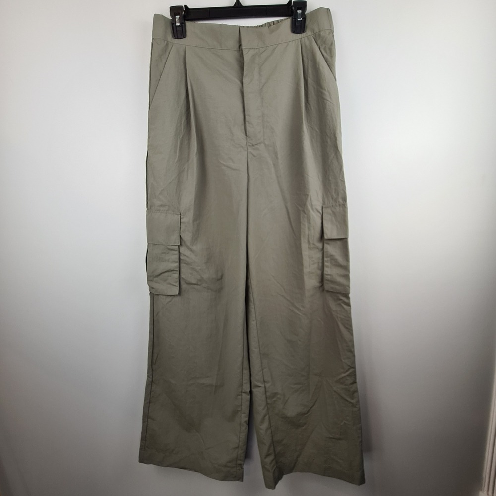 Wilo The Label Olive Green Nylon Wide Leg Cargo Pants Womens Size M High Rise